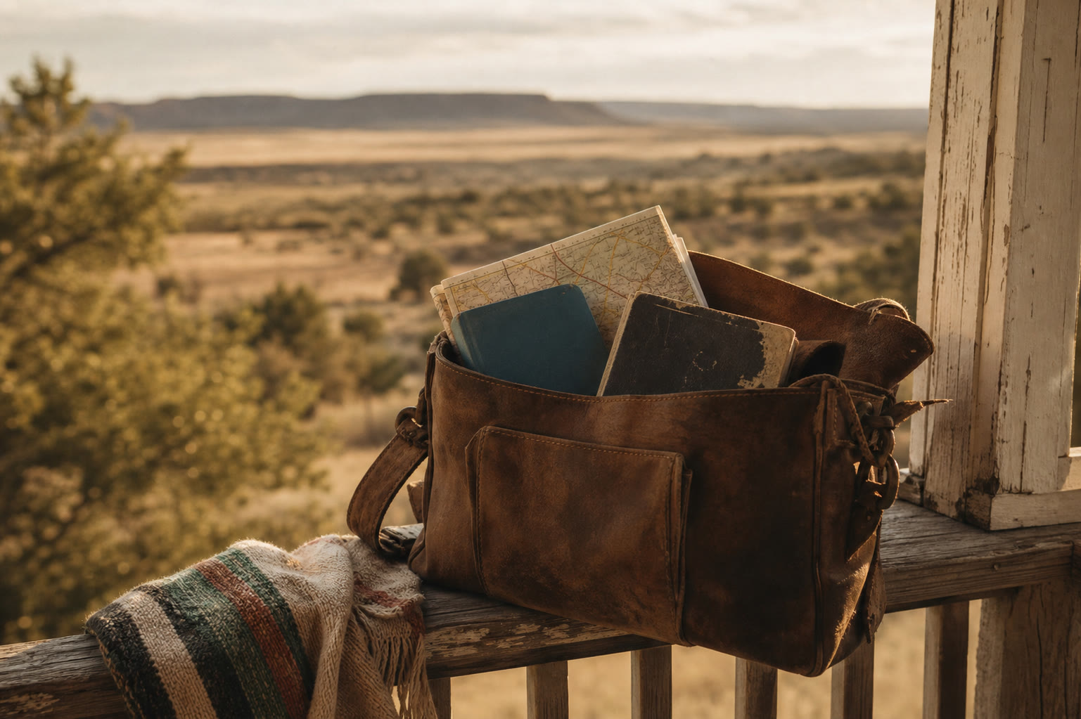 A worn leather satchel on a porch railing at golden hour, journal and paperback visible.