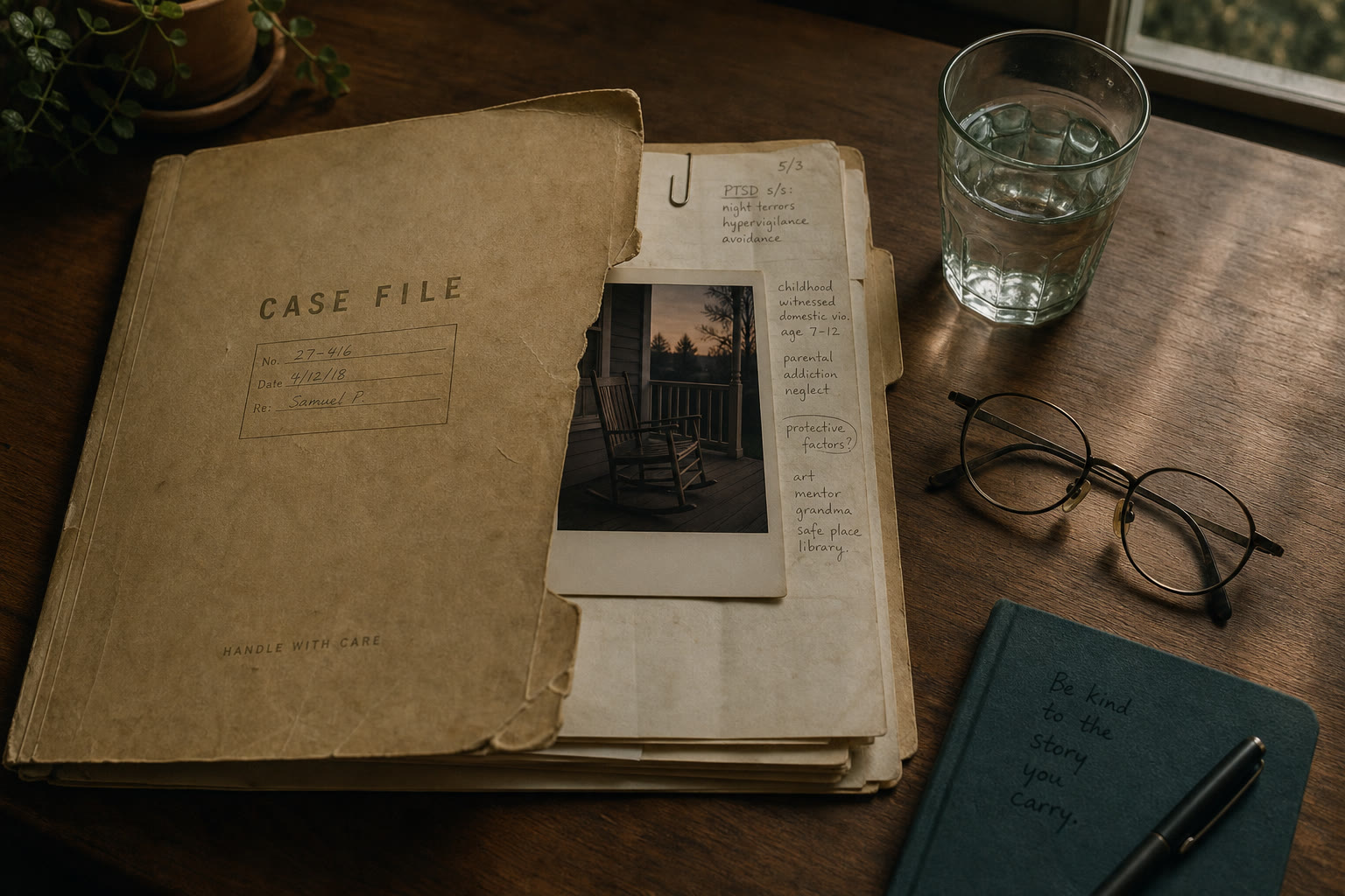 A weathered manila folder labeled 'Case File' resting on a desk, with a pen and a half-empty coffee cup nearby.