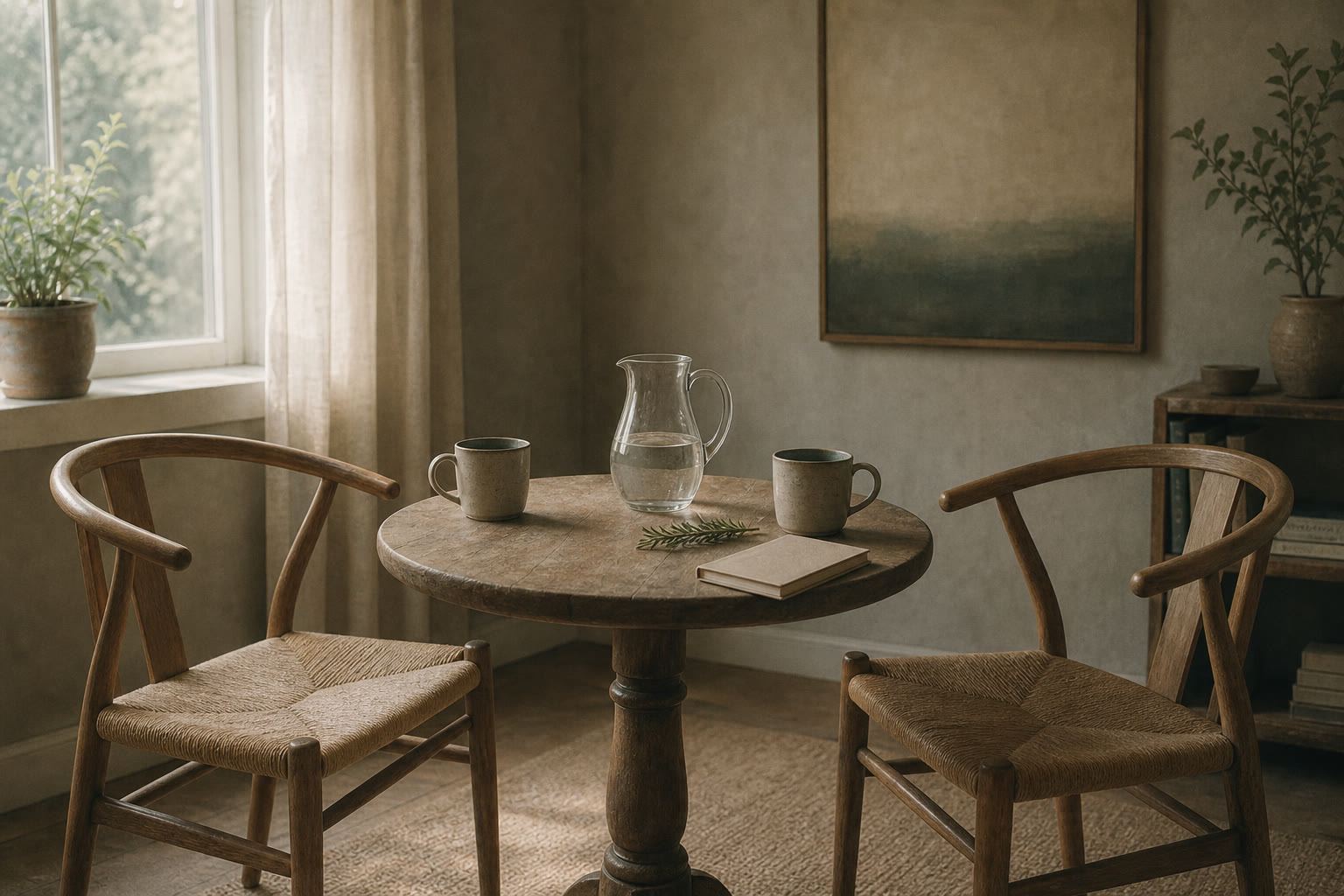 Two empty wooden chairs facing each other across a small round table set with two mugs and a notebook.