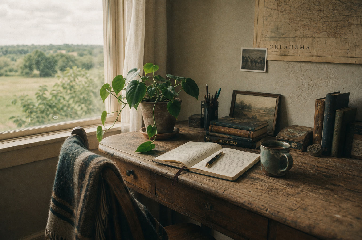 A worn writing desk by a window at first light, with a small plant, an open notebook, and a mug.