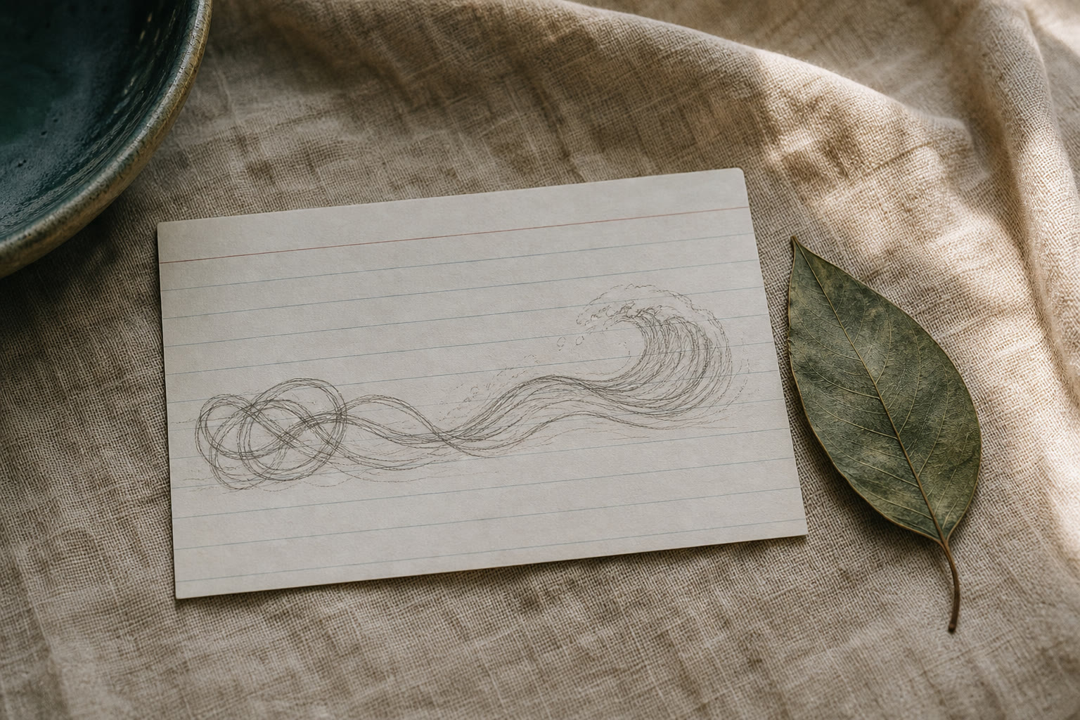 A small index card on a kitchen table with two short, hand-written lines and a pencil.